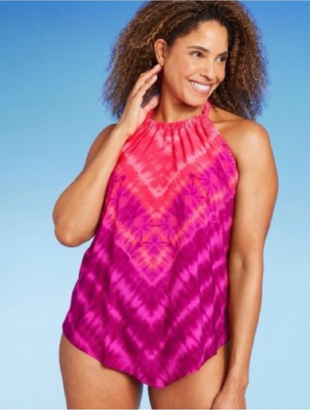 Halter One-Piece Swimsuit in Pink and Coral Tie-Dye